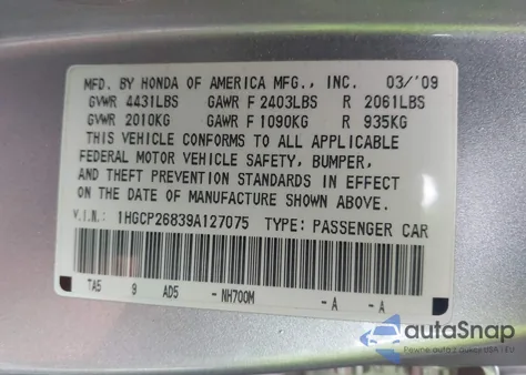 2009 Honda Accord 2.4 Ex-L из США, поврежденный, VIN 1HGCP26839A127075